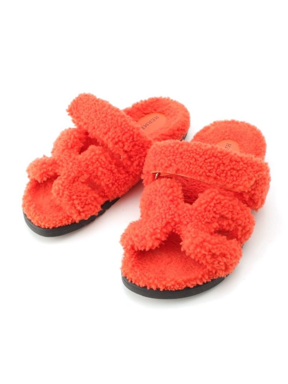 Hermes Chypre Fleece Shearling Sheepskin Flat H Motif Velcro Sandals Orange